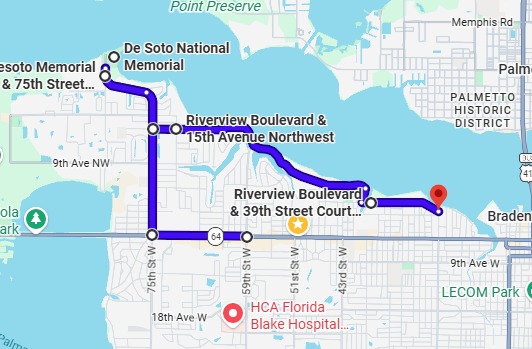 Map preview of the Desoto Memorial Park and Riverview Boulevard motorcycle ride