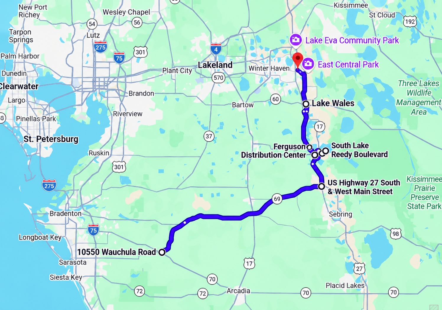 Map preview of the FL-64 Scenic Highway 17 motorcycle ride