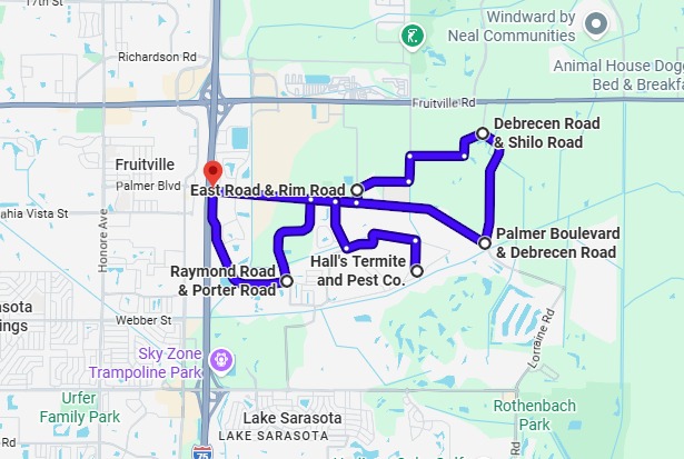 Map preview of the Porter Road and Debrecen Road motorcycle ride