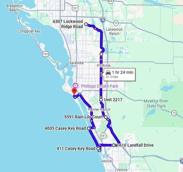 Google Maps preview of the Sarasota and Casey Key motorcycle ride